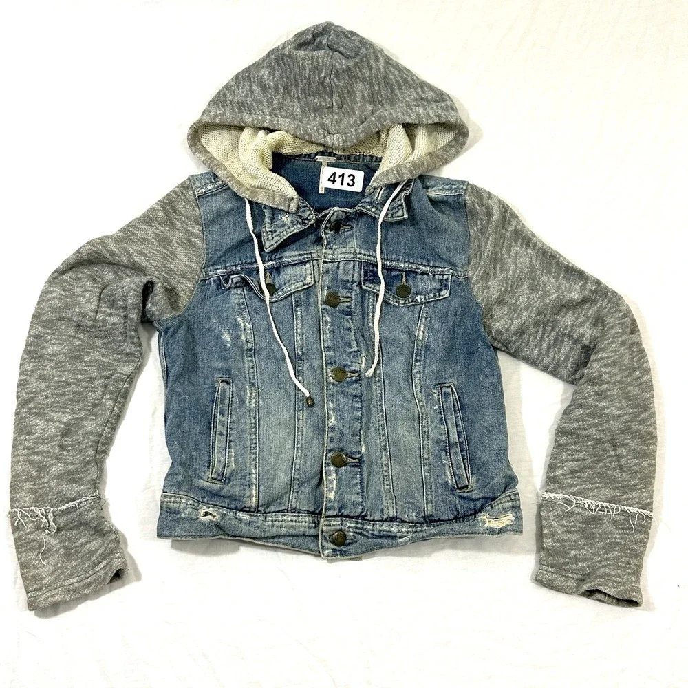 Free People Cotton Denim Jean Knit Hoodie Collared Layered Jacket Blue Gray S - Picture 2 of 12